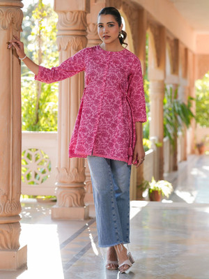 Janasya Women Floral Print A-line Kurta(Pink)