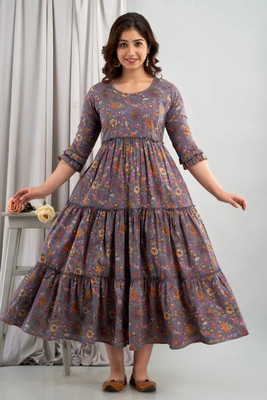 Silakiva Women Floral Print Anarkali Kurta(Grey)