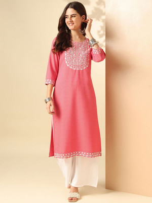 ANOUK Women Embroidered A-line Kurta(White)
