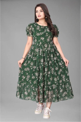 Nautiful Women Floral Print Flared Kurta(Dark Green)