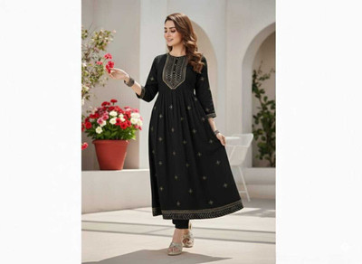 ViKiCo Women Embroidered Anarkali Kurta(Black)