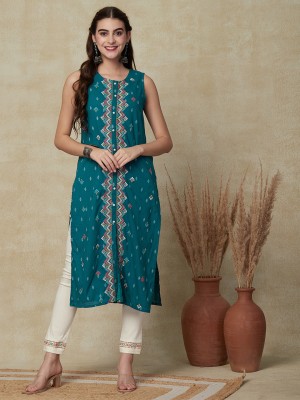 Fashor Women Woven Design Straight Kurta(Blue)