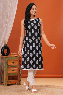 ANRP Women Printed A-line Kurta(Black)