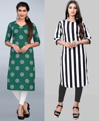 maruti fab Women Striped, Printed A-line Kurta(White, Green)