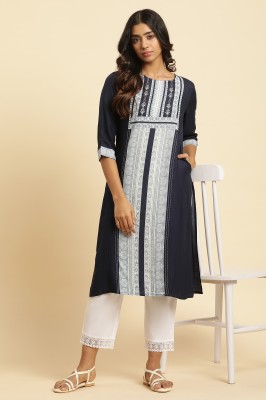 W Women Geometric Print Straight Kurta(Blue)