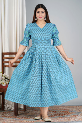 SupBir Women Printed A-line Kurta(Blue)