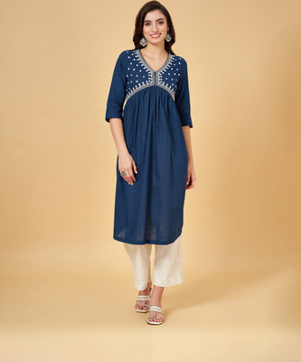 Rangmanch by Pantaloons Women Printed Flared Kurta(Dark Blue)