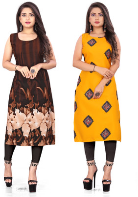 Hiral Creation Women Printed Straight Kurta(Brown, Yellow)