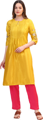 W Women Embroidered Straight Kurta(Yellow)