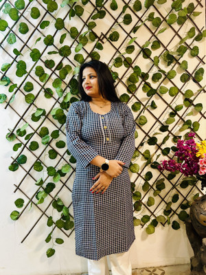 HouseOfCommon Women Checkered Straight Kurta(Blue, White)