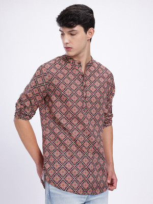Anouk Rustic Men Floral Print Straight Kurta(Black, Pink)