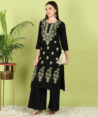 TOP N THREAD Women Self Design A-line Kurta(Black)
