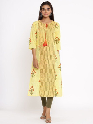 FABRIC FITOOR Women Floral Print Straight Kurta(Yellow)