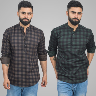 QuaClo Men Checkered Straight Kurta(Dark Green, Black, Brown)