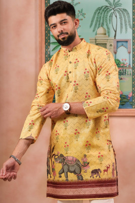 Koshin Men Embroidered Straight Kurta(Yellow)