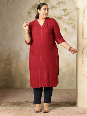 Amydus Women Striped Straight Kurta(Maroon)