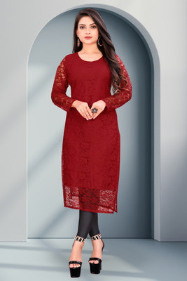 URUFASHIONMART Women Self Design A-line Kurta(Maroon)
