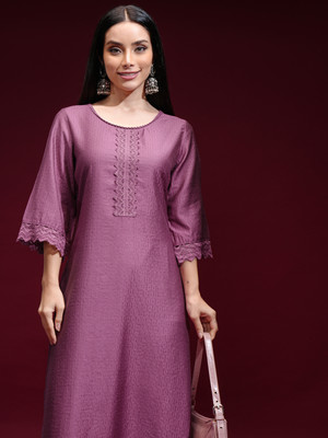Vishudh Women Self Design Straight Kurta(Purple)