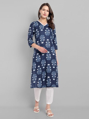 Anmi Printed Women Straight Kurta(Blue, White)