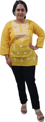 Shreyansh Chikankari Designs Women Chikan Embroidery, Solid Straight Kurta(Yellow)