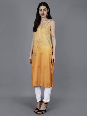 The Chikankari Story Women Chikan Embroidery Straight Kurta(Yellow)