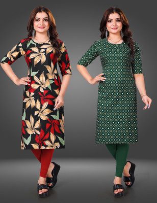 MOBHISA Women Printed Straight Kurta(Green)