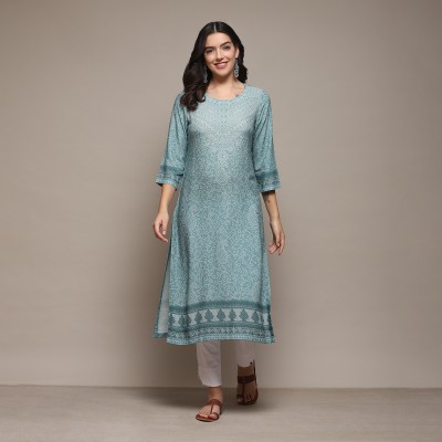 BIBA Women Printed Straight Kurta(Light Blue, Light Green, White)