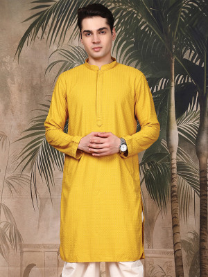 Sanwara Men Chikan Embroidery Ethnic Dress Kurta(Yellow)