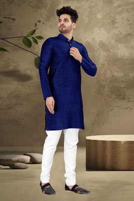 Vajira Fashion Men Self Design Straight Kurta(Blue)