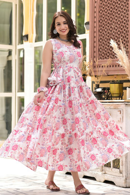 Demirner Women Fit and Flare Pink Midi/Calf Length Dress