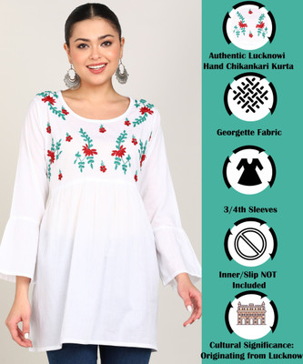 VAHSON Women Chikan Embroidery, Embroidered, Self Design Straight Kurta(White)
