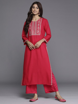 Indo Era Women Embroidered Straight Kurta(Pink)
