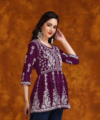 Youthnic Women Chikan Embroidery Flared Kurta(Purple)
