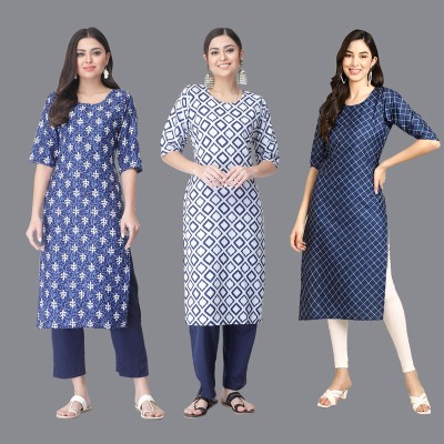 EthnicBasket Women Printed Straight Kurta(Dark Blue, White)