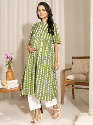 Janasya Women Geometric Print Flared Kurta(Green, White)
