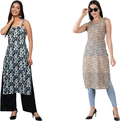 KAUTAQI Women Printed Straight Kurta(Multicolor)