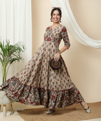 Gulmohar Jaipur Women Printed Flared Kurta(Maroon, Grey, Beige)