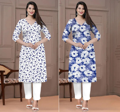 PRADHANJI COLLECTION Women Floral Print Straight Kurta(Blue)
