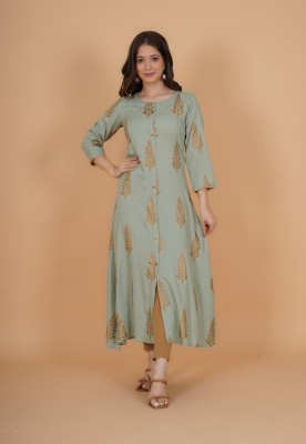 INDIANIC Women Printed A-line Kurta(Green)