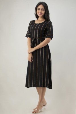 DMP EXPORT Women Striped Flared Kurta(Black)