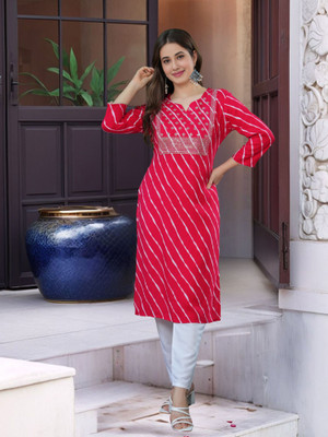 Anmi Embroidered, Leheriya Women Straight Kurta(Pink)
