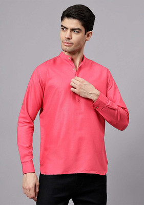 indirae Men Solid A-line Kurta(Pink)
