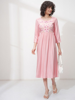 Vishudh Women Embroidered A-line Kurta(Pink)