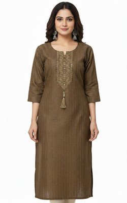 SARANS Women Striped, Embroidered Straight Kurta(Dark Green)