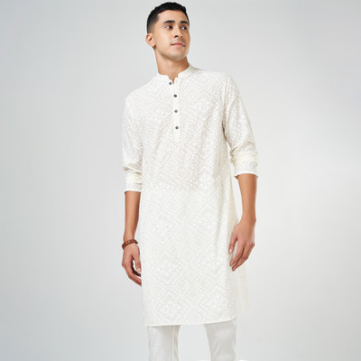 Indus Route by Pantaloons Men Printed Straight Kurta(White)