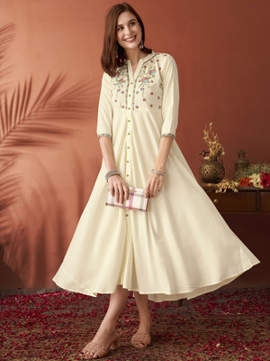 ANOUK Women Embroidered A-line Kurta(White)