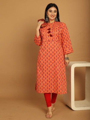 Rajnandini Women Printed Straight Kurta(Orange)