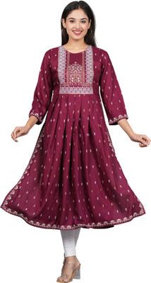 MF HAYAT Women Printed A-line Kurta(Maroon)