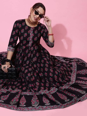 Ananya Fashion Women Printed Flared Kurta(Black)