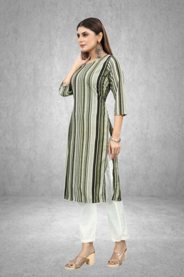 MARIDI FASHION Women Striped Straight Kurta(Green)